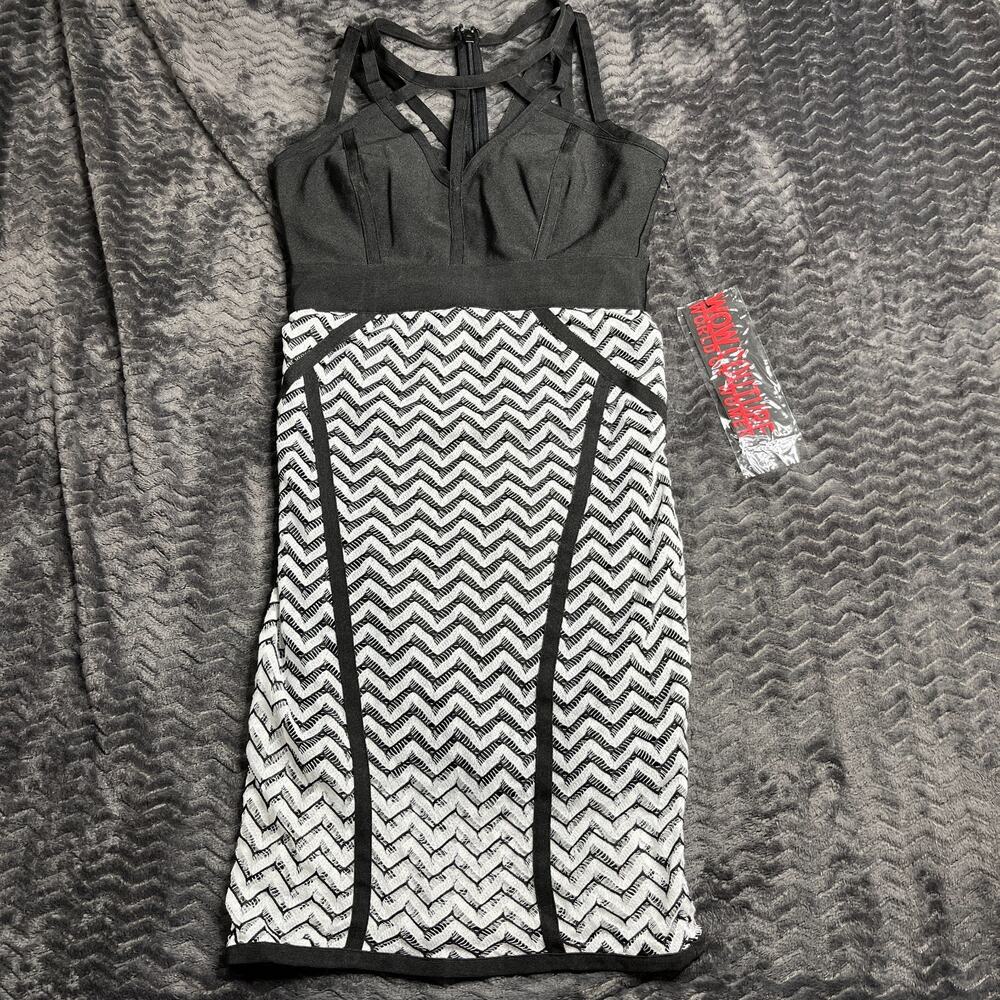 WOW COUTURE World Of Women Black Striped Box Fitted Dress Medium NWT